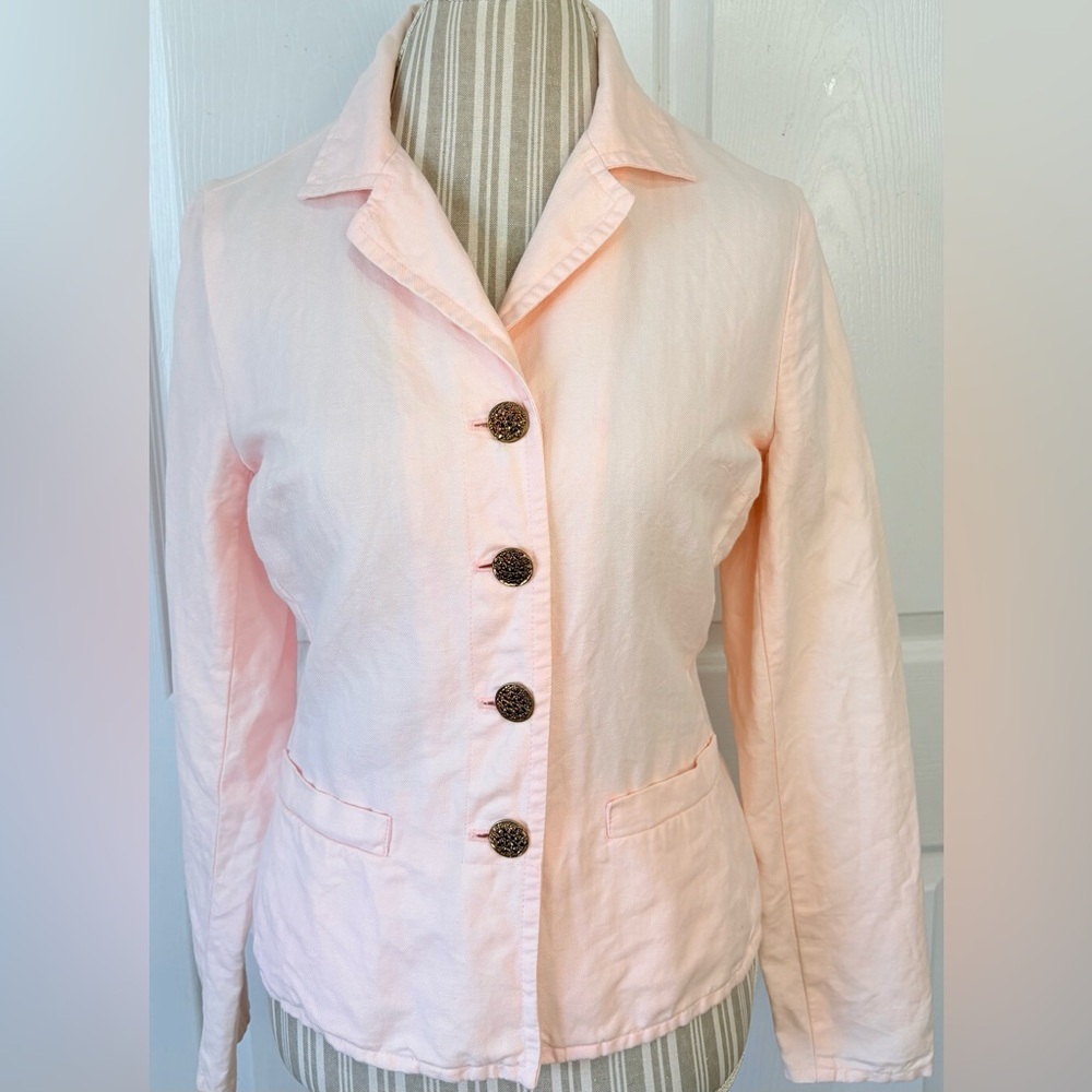 TALBOTS Pink Irish Linen Blend Decorative Gold Button Blazer Size 8